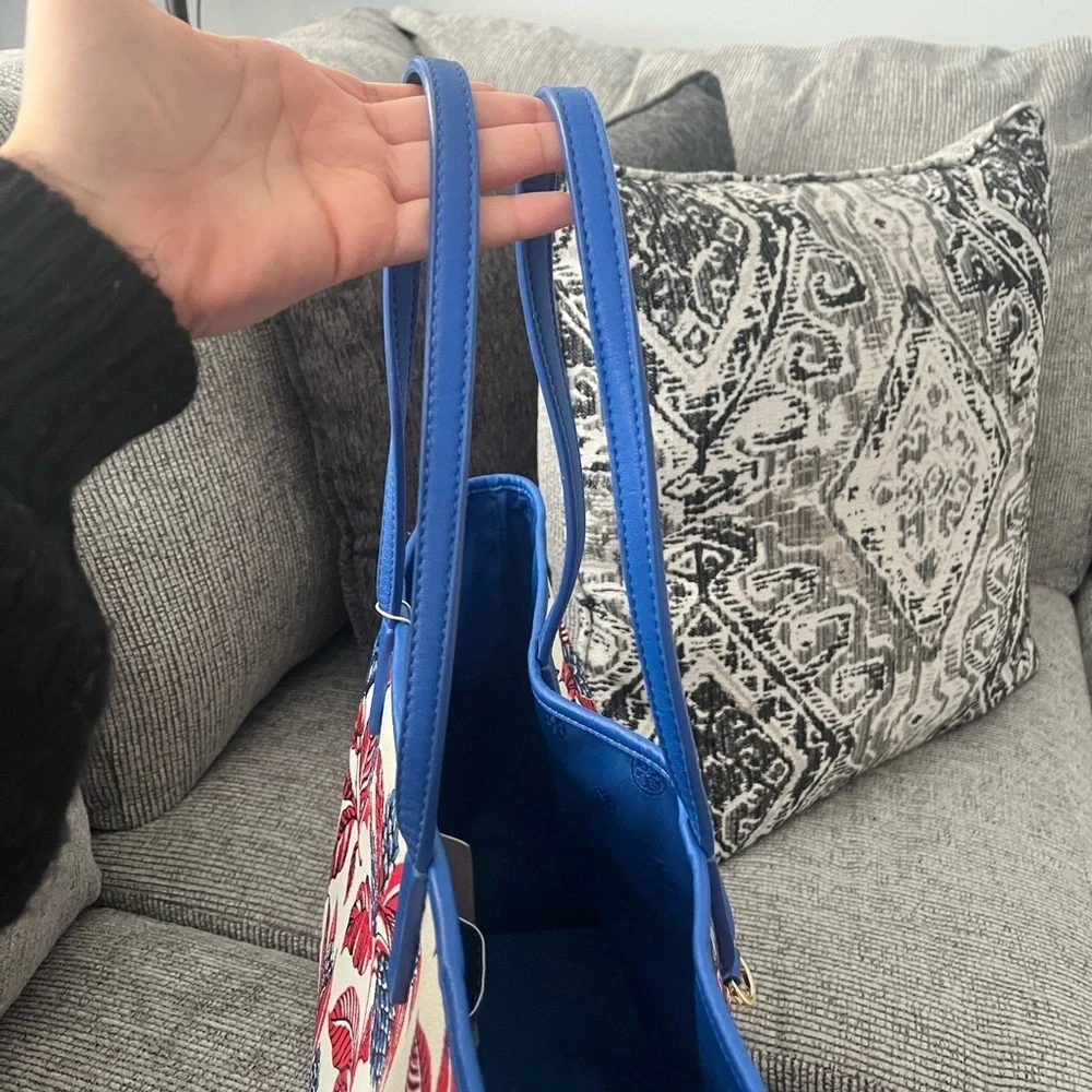 Floral Tote Bag with Blue and Red Accents